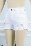 White Casual Solid High Waist Hot Pant Ripped Skinny Denim Shorts