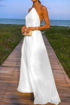 Белое сексуальное повседневное однотонное длинное платье с открытой спиной и лямкой на шее