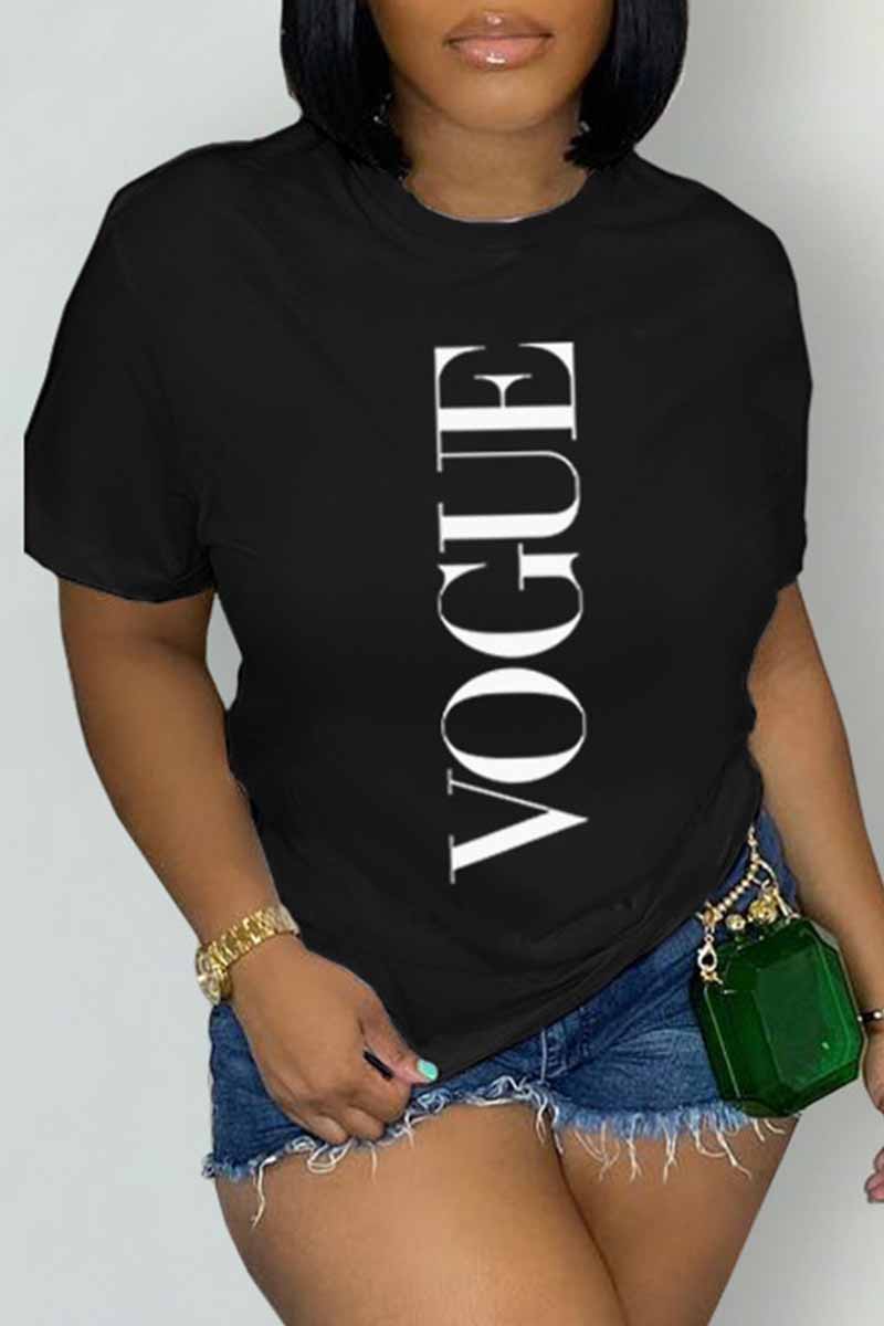 

Black Casual Print Letter O Neck T-Shirts