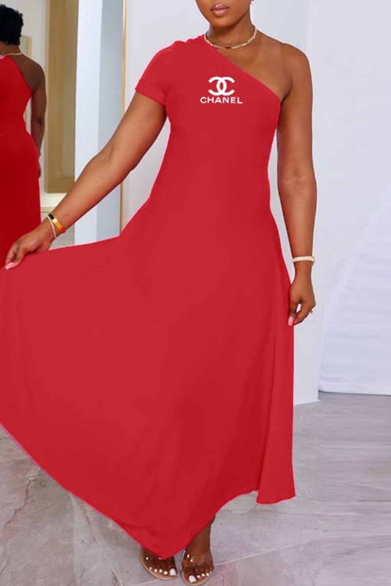 

Red Casual Print Letter One Shoulder Irregular Dress Dresses