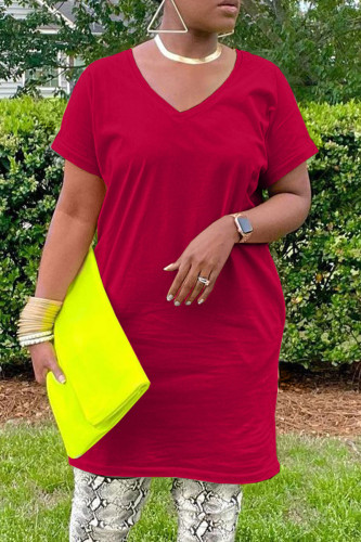 Red Casual Solid Basic V Neck Short Sleeve Dress