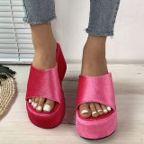 Sapatos de cunha redondos de cor sólida para uso diário casual vermelho (altura do salto 3.54 pol.)