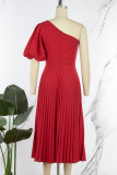 Red Casual Solid Basic Oblique Collar Pleated Dresses