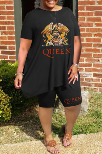 Black Casual Print Basic O Neck Plus Size Two Pieces