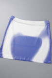 Синий сексуальный повседневный принт Базовая половина водолазки с коротким рукавом из двух частей