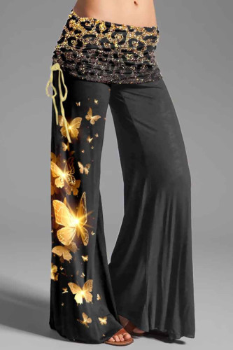 Black Yellow Casual Street Print Patchwork Draw String High Waist Wide Leg Positioning Print Bottoms