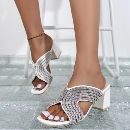 Chaussures compensées blanches décontractées en patchwork de strass avec porte carrée (hauteur du talon 2.36 pouces)