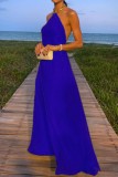 Небесно-голубое сексуальное повседневное однотонное длинное платье с открытой спиной и лямкой на шее