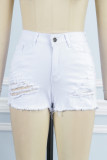 White Casual Solid High Waist Hot Pant Ripped Skinny Denim Shorts
