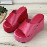 Красные повседневные туфли в стиле пэчворк, сплошной цвет, закругленные туфли на танкетке (высота каблука 3.54 дюйма)