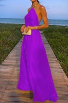Фиолетовое сексуальное повседневное твердое длинное платье с открытой спиной и лямкой на шее