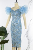 Синее сексуальное вечернее платье в стиле пэчворк с блестками и разрезом на плечах