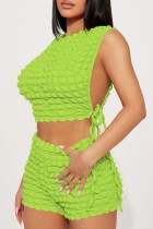 Fluorescent Green Casual Solid Frenulum O Neck Sleeveless Two Pieces
