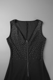 Vestido sin mangas con escote en V y contraste de perforación en caliente de patchwork casual negro Vestidos