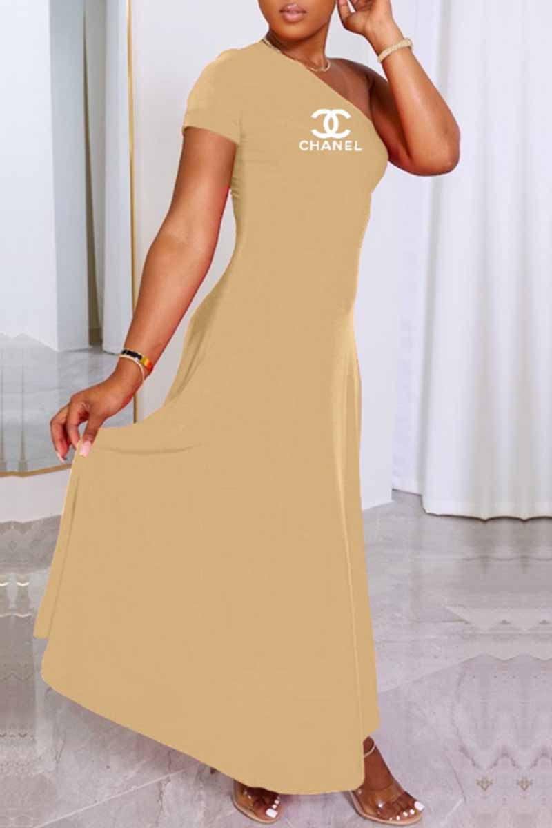 

Khaki Casual Print Letter One Shoulder Irregular Dress Dresses