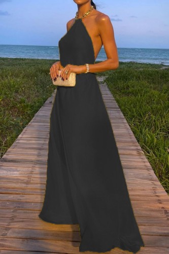 Black Sexy Casual Solid Backless Halter Long Dress Dresses