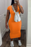 Orange Casual Solid Basic V Neck Short Sleeve Dress Dresses