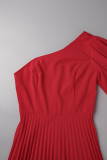 Röda Casual Solid Basic Oblique Collar Plisserade klänningar