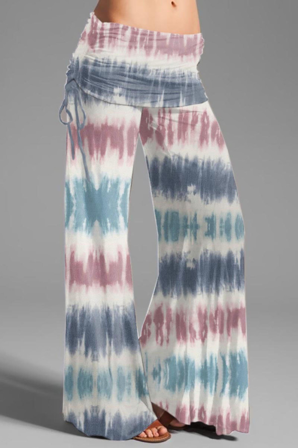 Pantalones de estampado de posicionamiento de pierna ancha de cintura alta con estampado de calle casual azul rosa azul