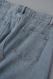 Синие повседневные однотонные узкие джинсовые юбки с рваными разрезами и высокой талией с кисточками