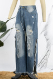 Темно-синий Повседневный однотонный Рваный лоскутный принт с высокой талией Обычная джинсовая ткань с разрезом (без сетчатой ​​подкладки)