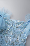 Vestido de noite azul sensual patchwork formal com fenda nos ombros