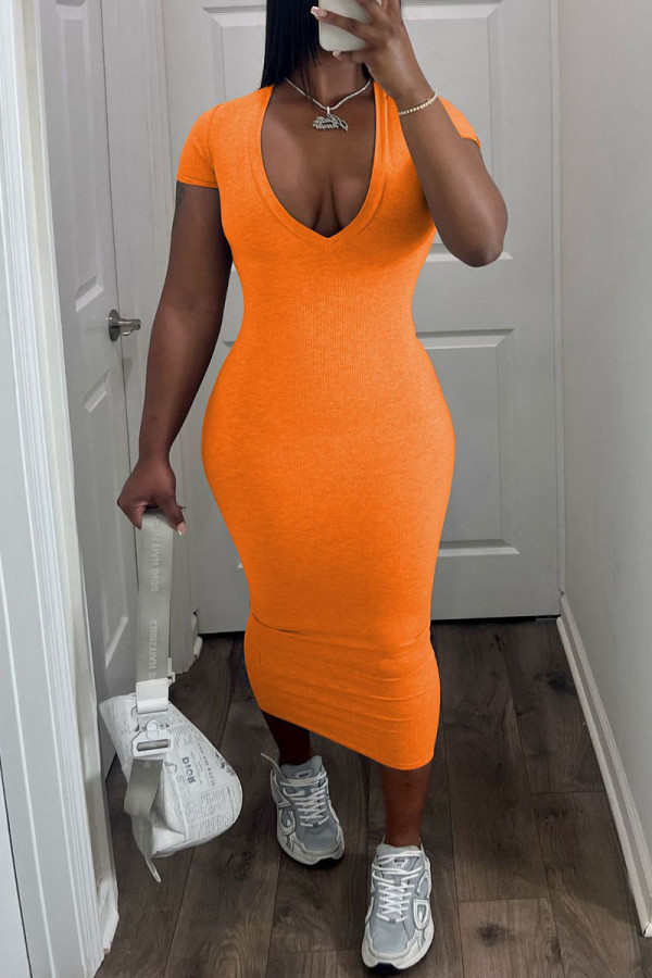 Orange Casual Solid Basic V Neck Short Sleeve Dress Dresses