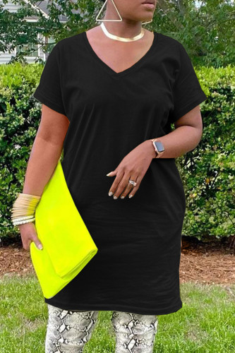 Black Casual Solid Basic V Neck Short Sleeve Dress