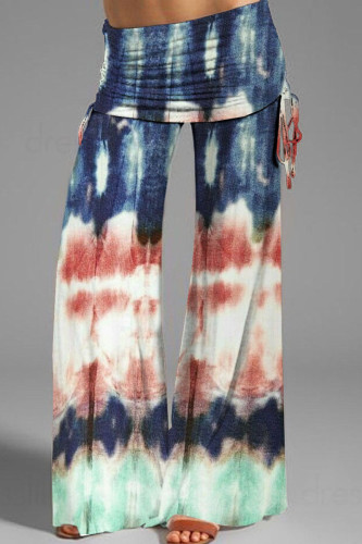 Turquoise Street Print Patchwork High Waist Wide Leg Positioning Print Bottoms