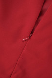Abiti pieghettati con colletto obliquo di base solido rosso casual
