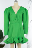 Robes décontractées à manches longues à col en V et patchwork vert
