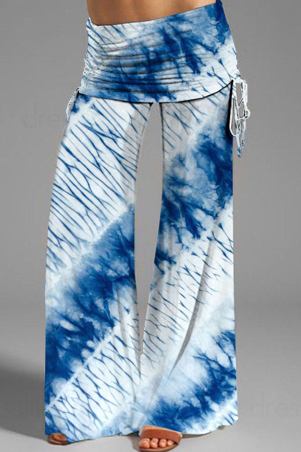 Pantaloni con stampa di posizionamento delle gambe larghe a vita alta patchwork con stampa stradale blu