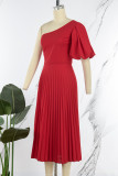 Red Casual Solid Basic Oblique Collar Pleated Dresses