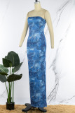 Синее сексуальное длинное платье без бретелек с принтом на спине Платья