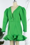Grüne, lässige, feste Patchwork-Kleider mit V-Ausschnitt und langen Ärmeln