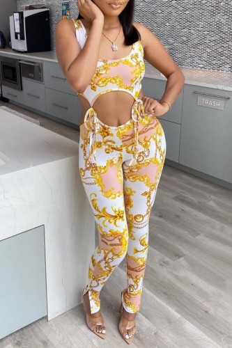 White Sexy Casual Print Bandage Hollowed Out Backless U Neck Sleeveless Two Pieces