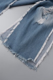 Темно-синий Повседневный однотонный Рваный лоскутный принт с высокой талией Обычная джинсовая ткань с разрезом (без сетчатой ​​подкладки)