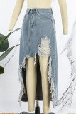 Blue Casual Solid Tassel Ripped Slit High Waist Skinny Denim Skirts