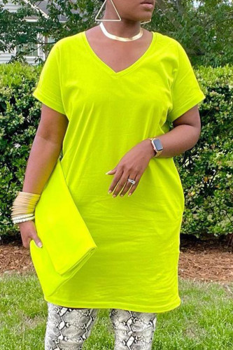 Fluorescent Green Casual Solid Basic V Neck Short Sleeve Dress