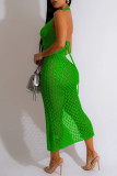 Groene Sexy Solid See-through Backless Slit Halter Beach Dress Jurken