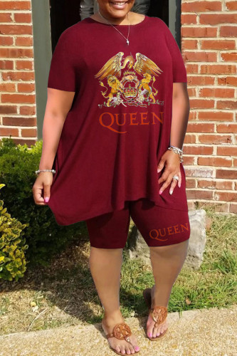 Burgundy Casual Print Basic O Neck Plus Size Two Pieces