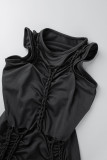 Черное сексуальное однотонное длинное платье с круглым вырезом