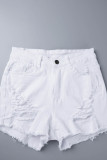 Weiße, lässige, feste, zerrissene, dünne Denim-Shorts mit hoher Taille