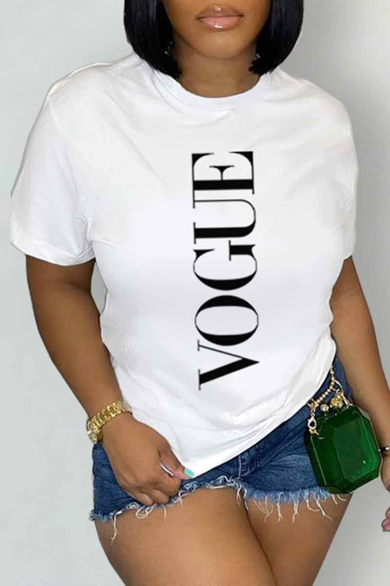 

White Casual Print Letter O Neck T-Shirts