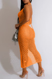 Oranje Sexy Solid See-through Backless Slit Halter Beach Dress Jurken