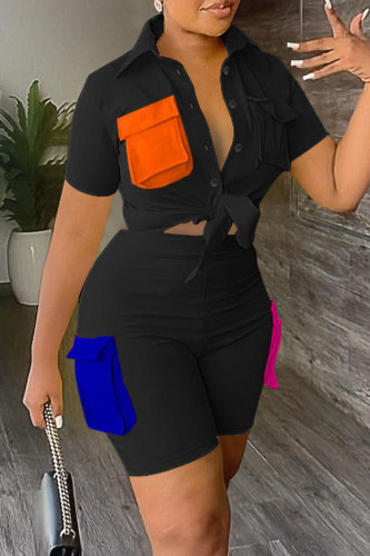 Black Casual Solid Patchwork Contrast Shirt Collar Short Sleeve Two Pieces