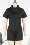 Black Casual Solid Basic Zipper Collar Short Sleeve Two Pieces