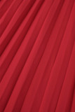 Красные повседневные однотонные базовые плиссированные платья с косым воротником