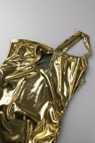 Gold Sexy Solide ausgehöhlte Patchwork-Bleistiftrock-Kleider mit schrägem Kragen
