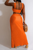 Tangerine Red Sexy Solid Patchwork Fold Asymmetrical Spaghetti Strap Sleeveless Two Pieces